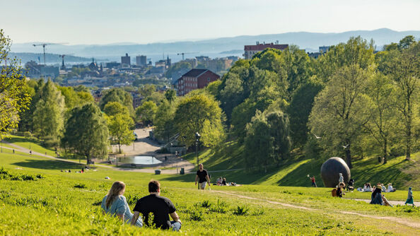 To mennesker ser på utsikten fra Torshovdalen.