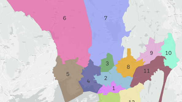 Kartet viser inndelingen av de 14 områdene i grunnskolen.