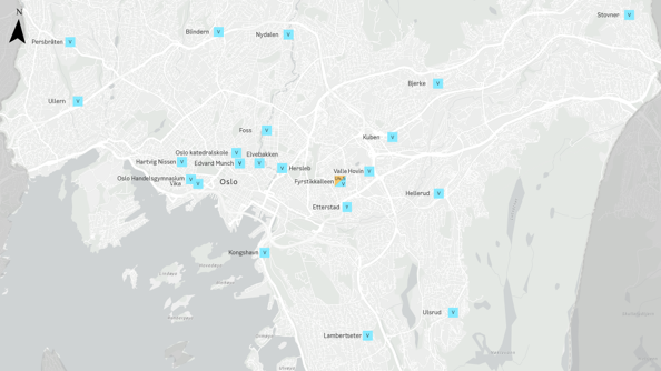 Kart over ordinære videregående skoler i Oslo skoleåret 2025/2026