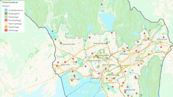 Kartutsnitt som viser distribusjon av ulike urbane landbruksaktiviteter i Oslo kommune. Kartutsnitt som viser distribusjon av ulike urbane landbruksaktiviteter i Oslo kommune.