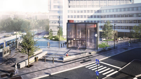 Skøyen T-banestasjon Fornebubanen adkomst Hoff torg Visualisering Gottlieb Paludan og L2 arkitekter Skøyen T-banestasjon Fornebubanen adkomst Hoff torg Visualisering Gottlieb Paludan og L2 arkitekter