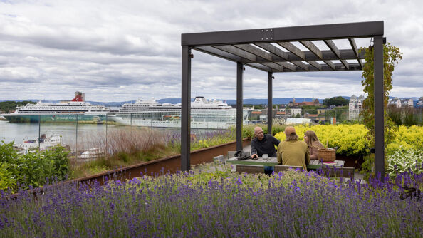 På en av takhagene til Munch brygge sitter tre personer under en pergola