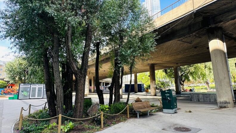 Store plantebed med grønt som kontrast mot det grå