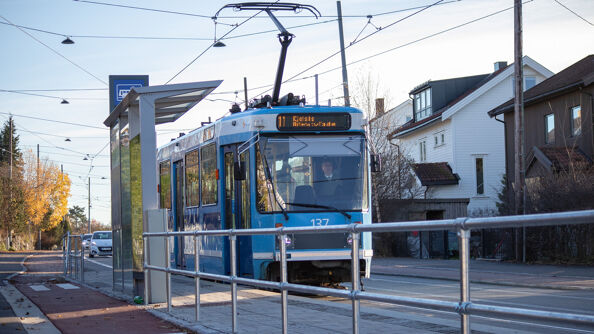 A photo of a tram in Oslo A photo of a tram in Oslo