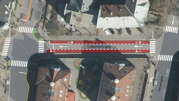 Illustrasjon som viser alternativt kjøremønster i Colbjørnsens gate