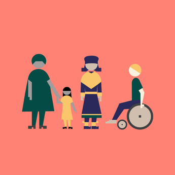 Illustrasjon av fire mennesker med ulik kulturbakgrunn og funksjonsvariasjoner