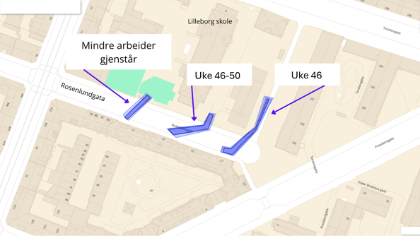Kart av hvor det arbeides i Rosenlundgata
